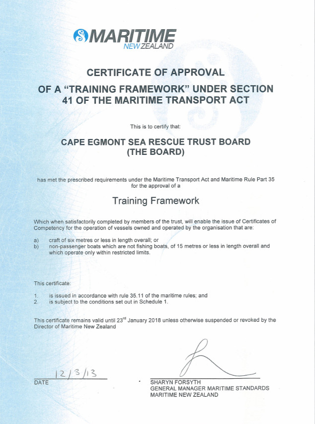 Certificate of approval - Cape Egmont Sea Rescue